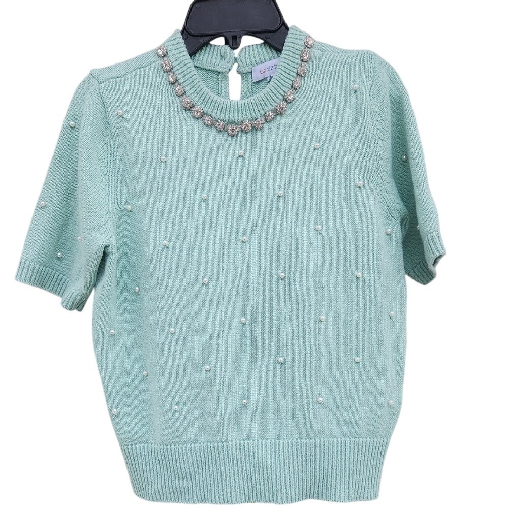 Retro Vintage Sparkle Fun Coquette Pearls Rhinestone Mint Sweater Dopamine Small